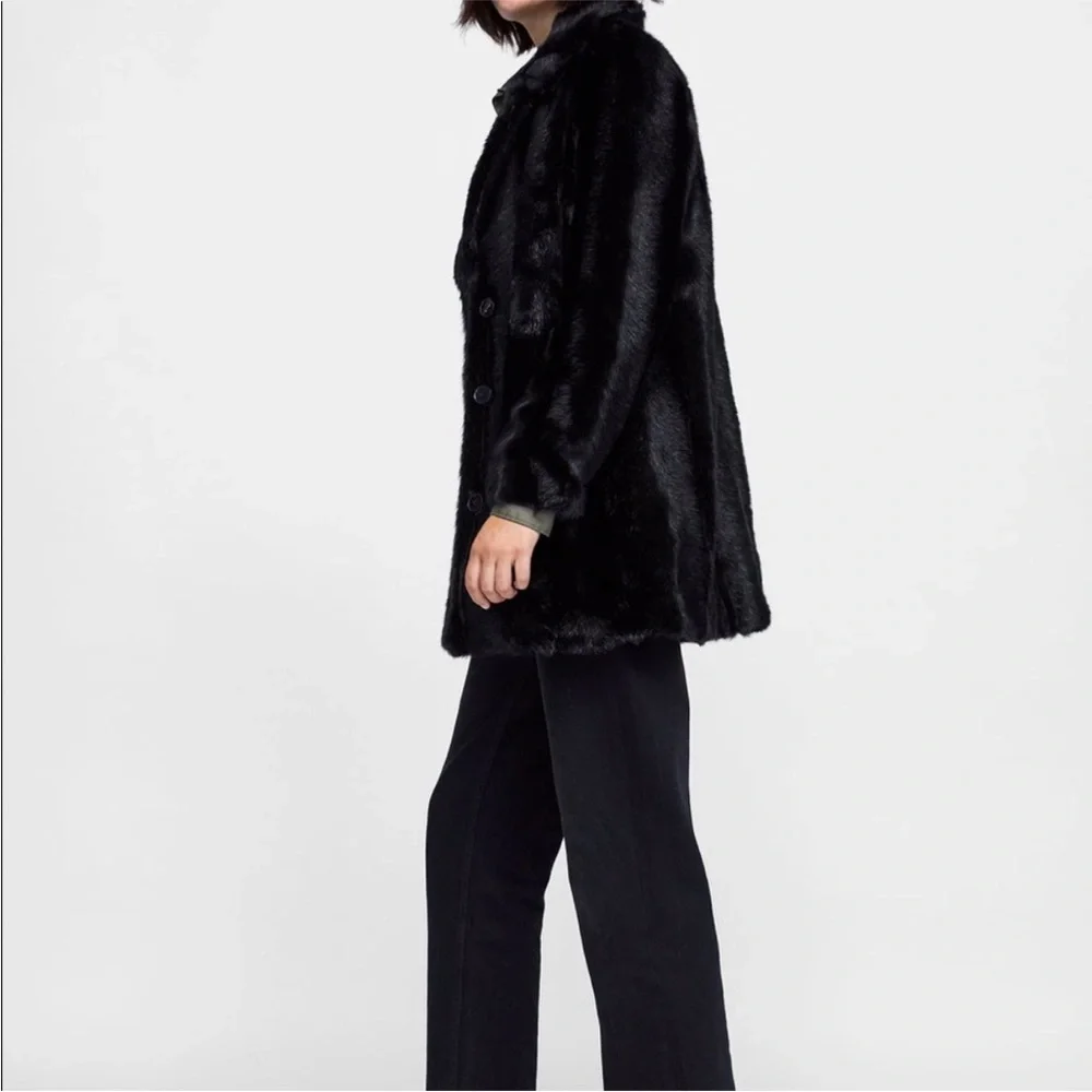 Zara NWT black lapel collar faux fur coat - Picture 10 of 10